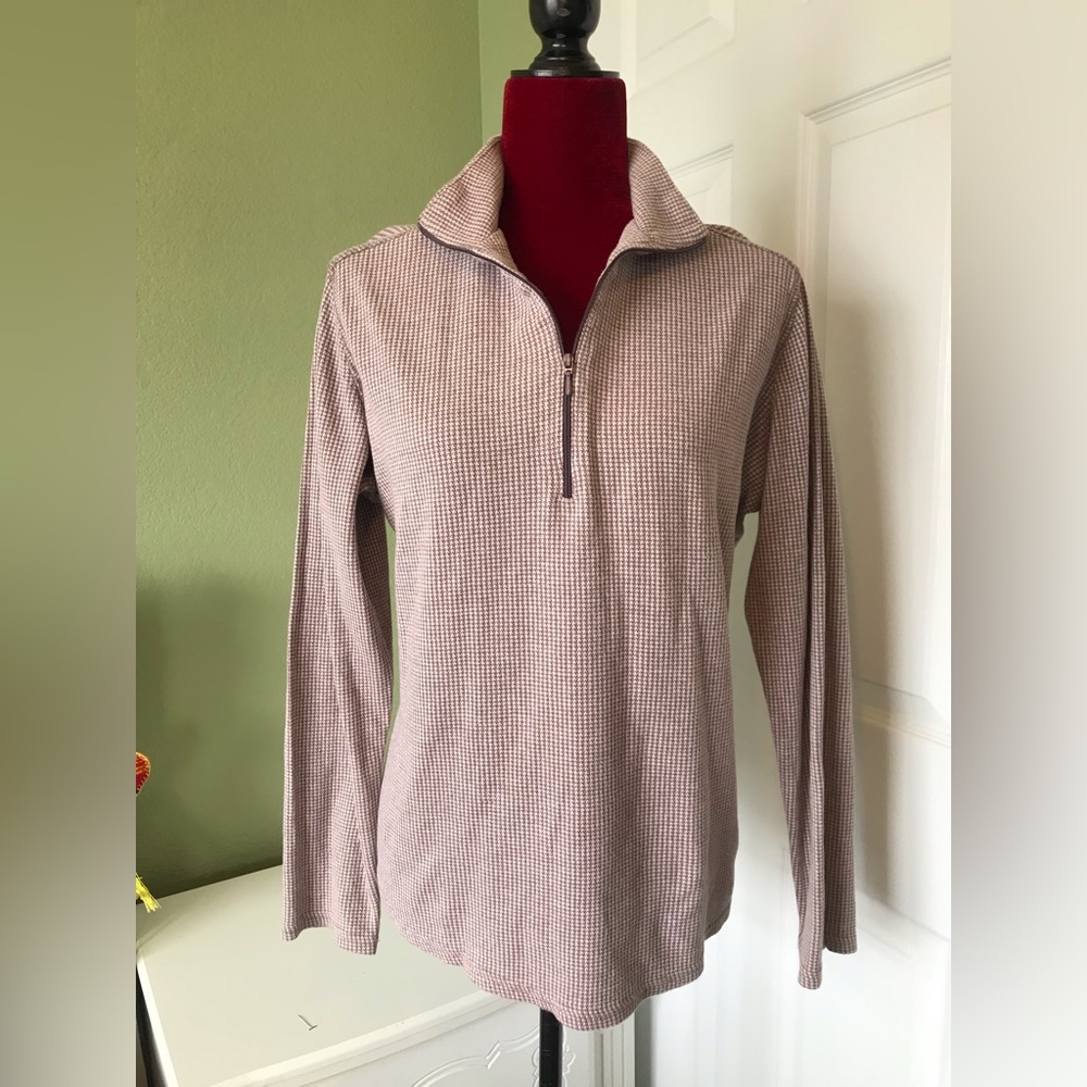 Woolrich Women's Brown Houndstooth 1/4 Zip Cotton Pullover Sz L-Golf Hiking